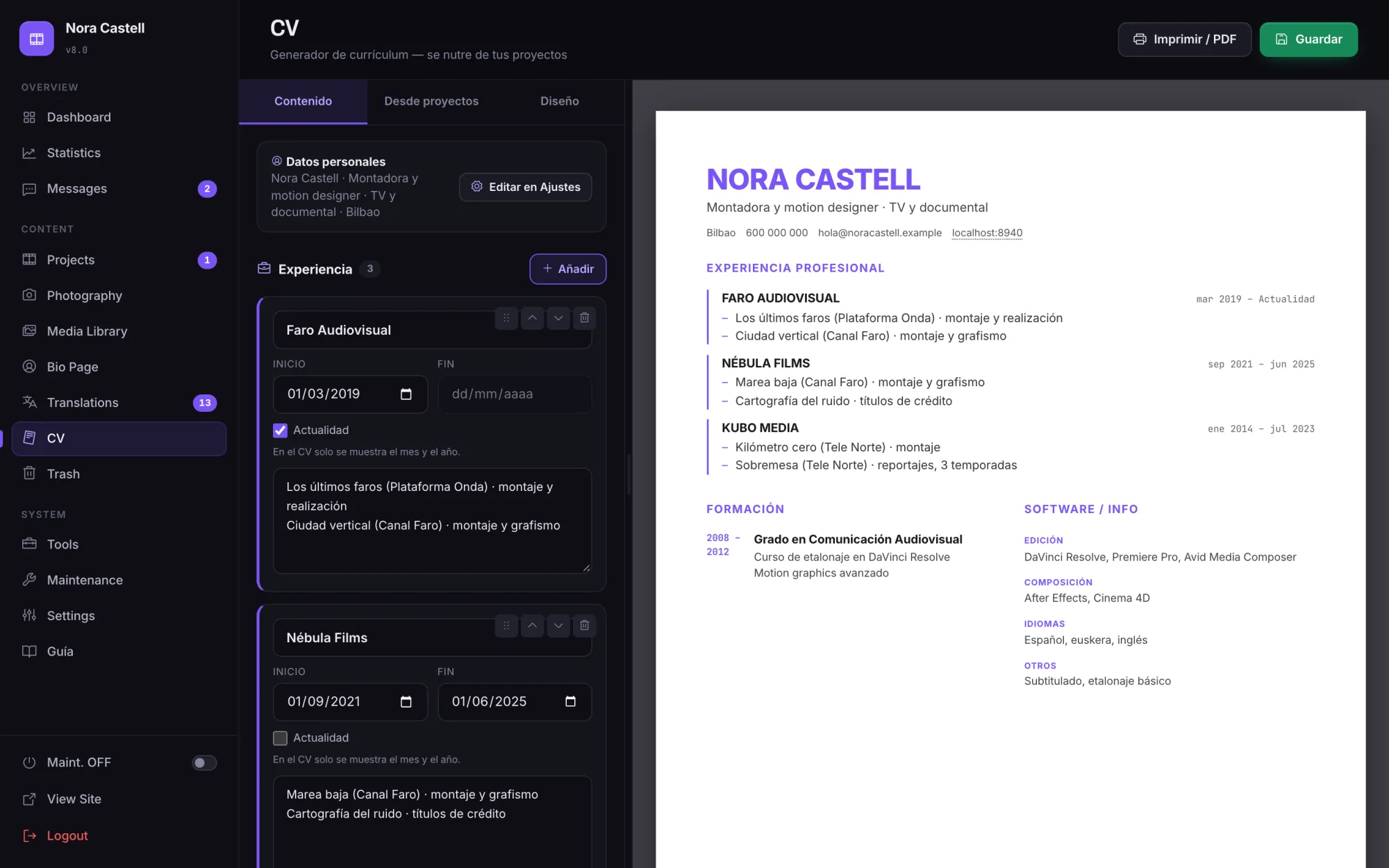 Generador de CV con la vista previa en A4.