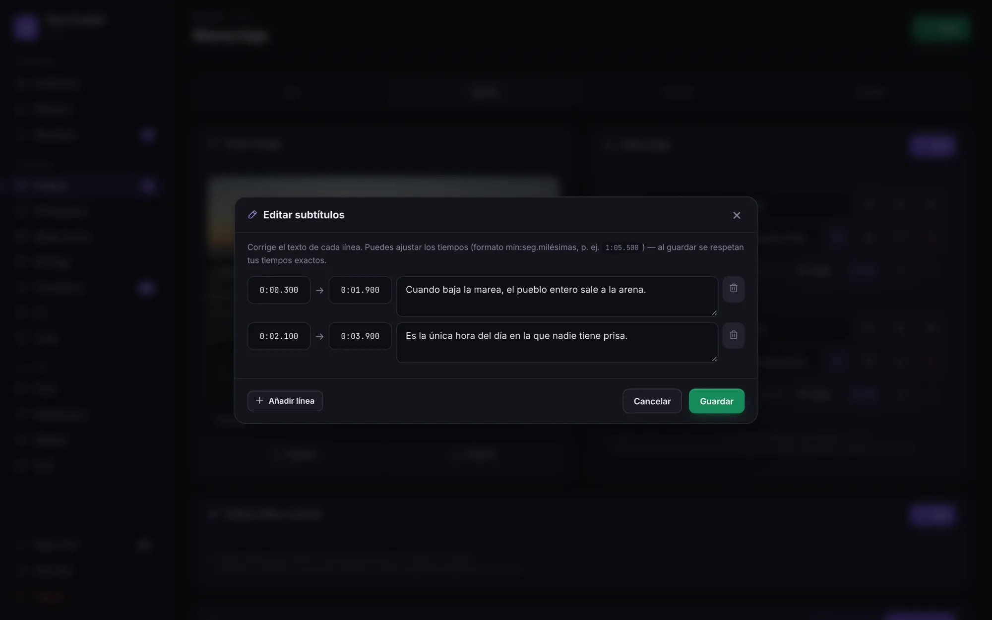 Editor de subtítulos con los tiempos de entrada y salida de cada frase.