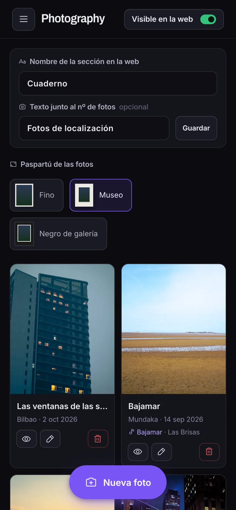 Sección de fotos del panel en el iPhone.