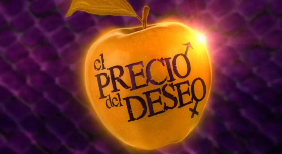 Manzana dorada brillante con el texto el PRECIO del DESEO y símbolos de género.