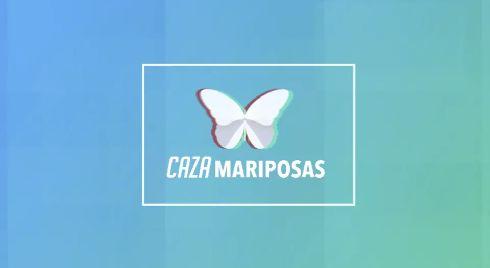 Título Caza Mariposas, mariposa blanca con efecto cromático sobre fondo degradado.
