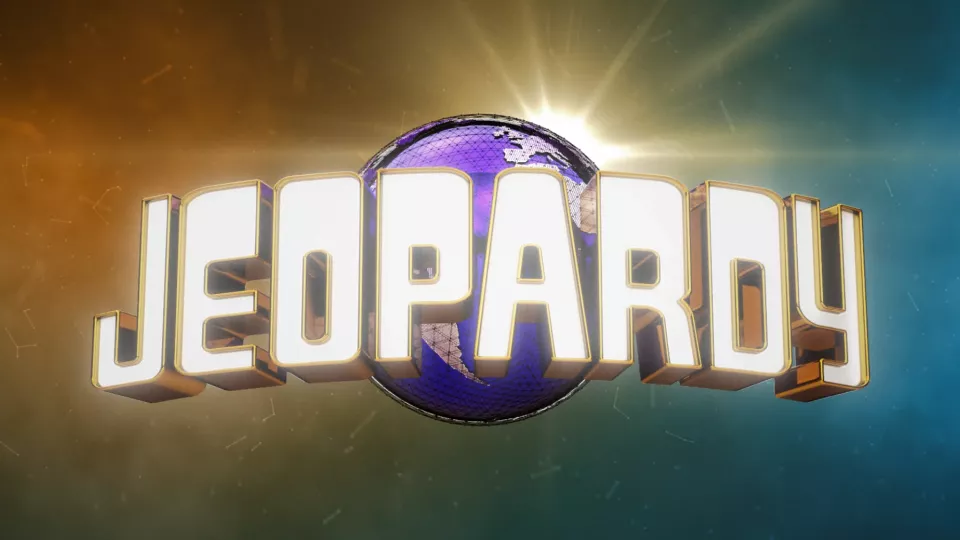Logo 3D de Jeopardy con letras blancas doradas y un globo terráqueo morado.