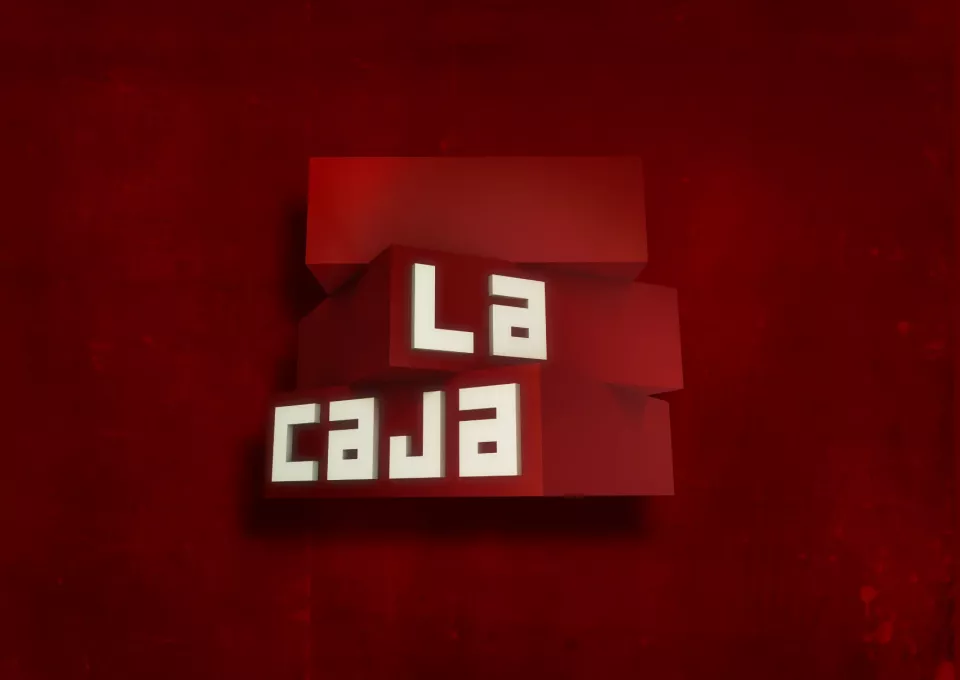 Texto 3D blanco La caja en bloques rojos sobre fondo granate texturizado.