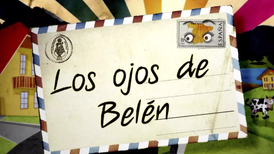 Postal antigua con el título Los ojos de Belén y un sello de España con ojos.